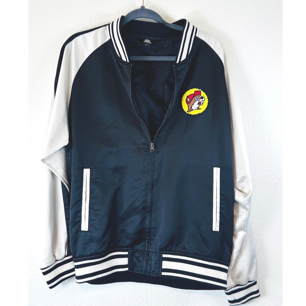 Buc-ee's Satin Bomber Jacket SZ Medium Black White Varsity Spellout Full Zip